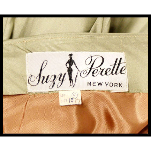 Vintage MCM Suzy Perette Cocktail Dress Pale Green Silk 1950sPaper Bag Waist Sz S Cart2cart Suzy Perette