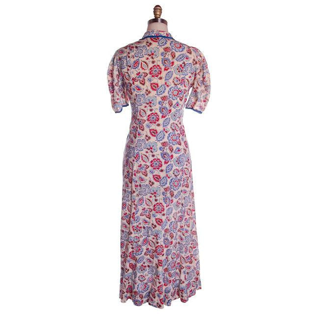 Vintage Printed Robe Unique Zipper Front Ealry 1940s Red/Blue/White 37-32-40 Women's vendor-unknown