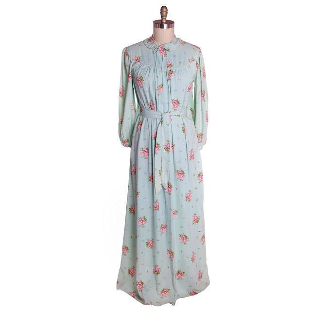 Vintage Blue & Pink Roses Rayon Robe 1940s Neat Belt 44 Bust L-XL Women's The Best Vintage Clothing