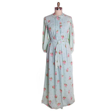 Vintage Blue & Pink Roses Rayon Robe 1940s Neat Belt 44 Bust L-XL Women's The Best Vintage Clothing