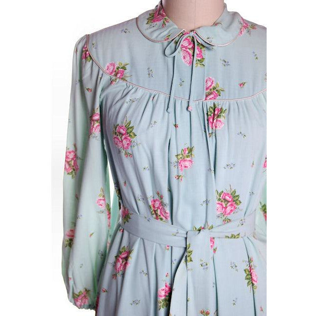 Vintage Blue & Pink Roses Rayon Robe 1940s Neat Belt 44 Bust L-XL Women's The Best Vintage Clothing