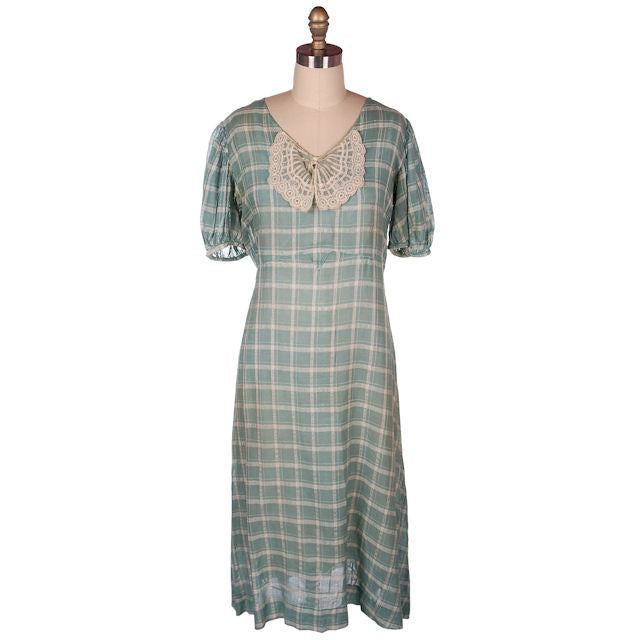 Vintage Cotton Day Dress Pale Green & Ivory Plaid & Lace 1930s 40-36-42 Women's The Best Vintage Clothing