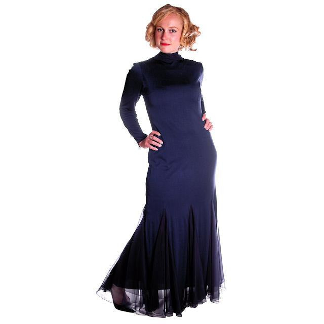 Vintage Richilene Blue Silk Wiggle Fishtail Evening Gown Sz 8-12 1930s look Women's Richilene