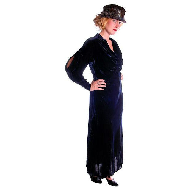Vintage Dress Blue Silk Velvet Gown 1930s Cut Out Sleeves XL 44-36-44 Women's The Best Vintage Clothing