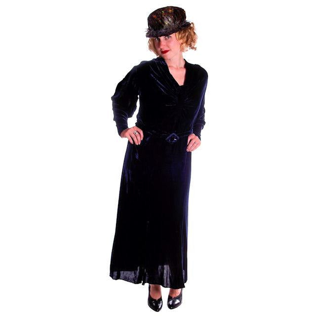 Vintage Dress Blue Silk Velvet Gown 1930s Cut Out Sleeves XL 44-36-44 Women's The Best Vintage Clothing