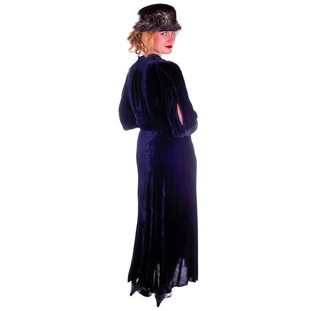 Vintage Dress Blue Silk Velvet Gown 1930s Cut Out Sleeves XL 44-36-44 Women's The Best Vintage Clothing