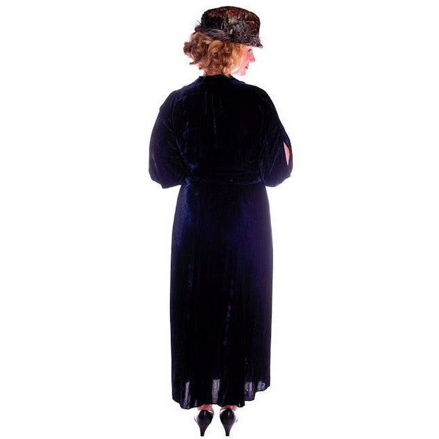 Vintage Dress Blue Silk Velvet Gown 1930s Cut Out Sleeves XL 44-36-44 Women's The Best Vintage Clothing