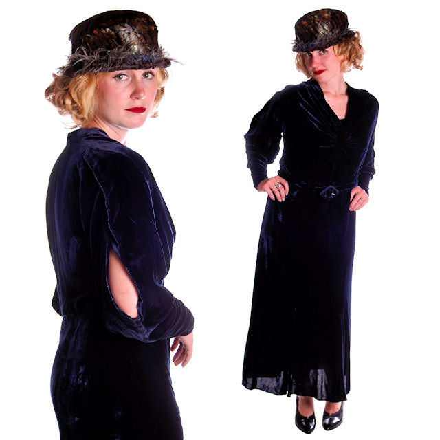 Vintage Dress Blue Silk Velvet Gown 1930s Cut Out Sleeves XL 44-36-44 Women's The Best Vintage Clothing