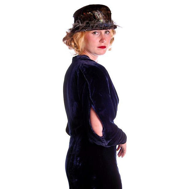 Vintage Dress Blue Silk Velvet Gown 1930s Cut Out Sleeves XL 44-36-44 Women's The Best Vintage Clothing