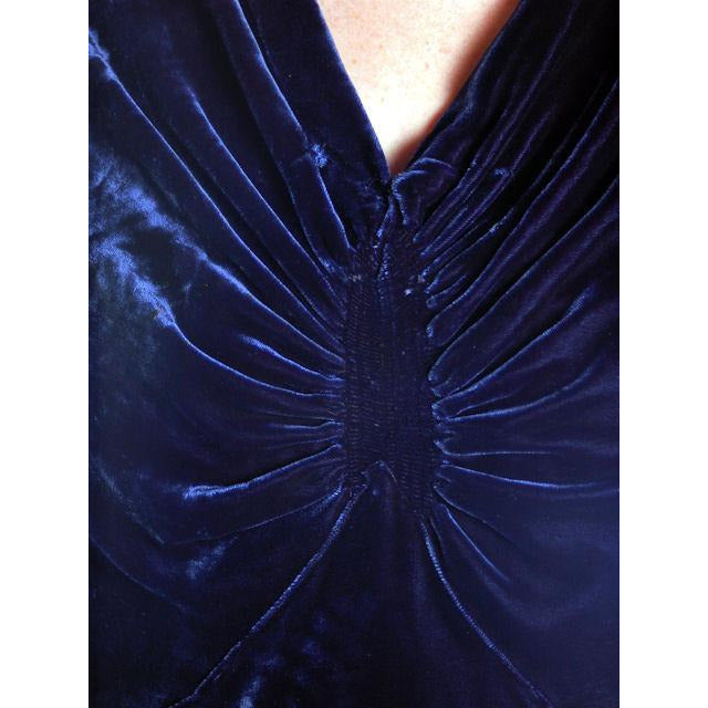 Vintage Dress Blue Silk Velvet Gown 1930s Cut Out Sleeves XL 44-36-44 Women's The Best Vintage Clothing