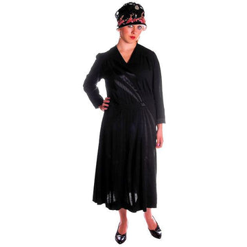 Vintage Black Fine Wool Art Deco Era Dress Large Size Late 1920s Great Details Women's The Best Vintage Clothing