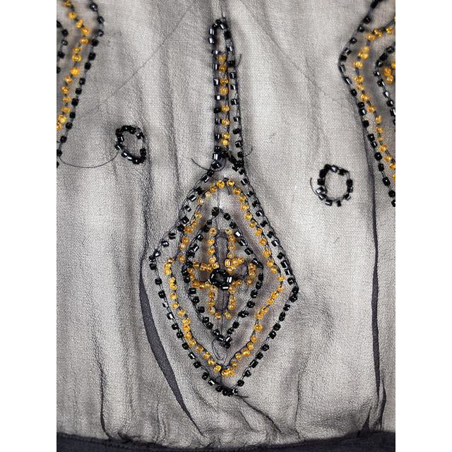 Vintage Blouse Black Sheer Silk Chiffon w Yellow Beads 1920s M-L Women's The Best Vintage Clothing