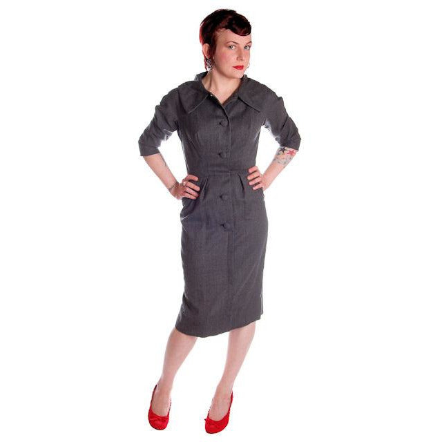 Vintage Grey Wool Secretary Dress 1950s Richard Cole MCM Pompian 34-25-36 Cart2cart Richard Cole