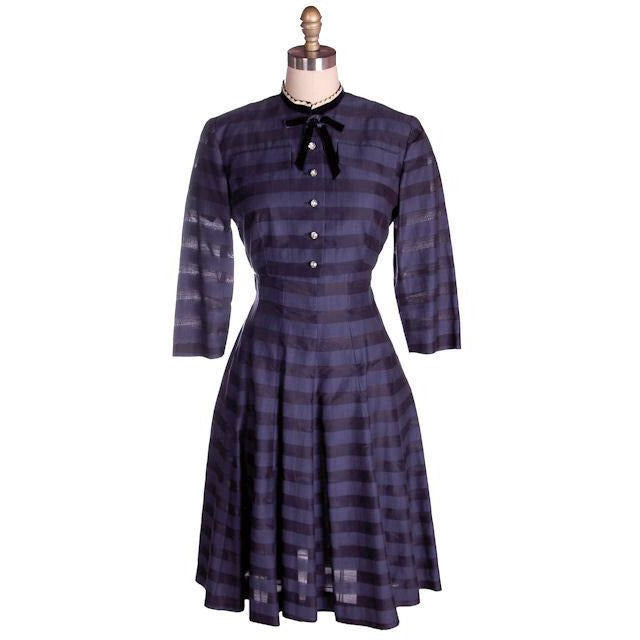 Vintage Navy & Black Striped Silk Day Dress & Jacket 1950s  37-28-44 - The Best Vintage Clothing
 - 1