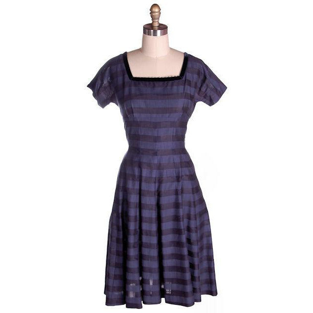 Vintage Navy & Black Striped Silk Day Dress & Jacket 1950s 37-28-44 Cart2cart vendor-unknown