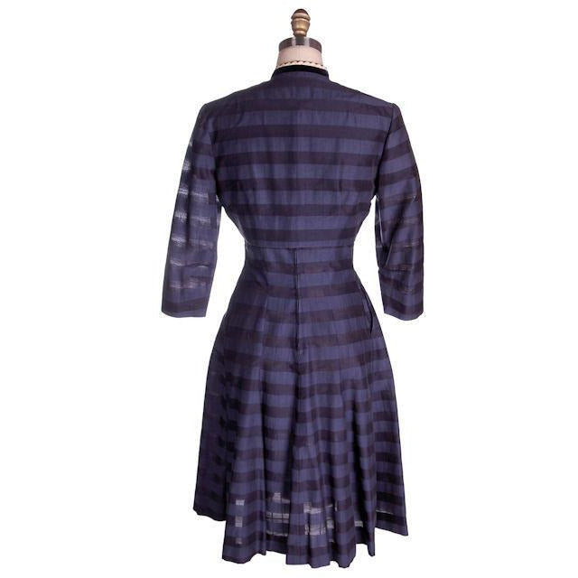 Vintage Navy & Black Striped Silk Day Dress & Jacket 1950s 37-28-44 Cart2cart vendor-unknown
