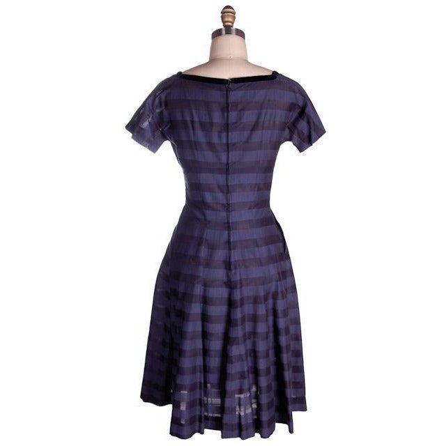 Vintage Navy & Black Striped Silk Day Dress & Jacket 1950s 37-28-44 Cart2cart vendor-unknown