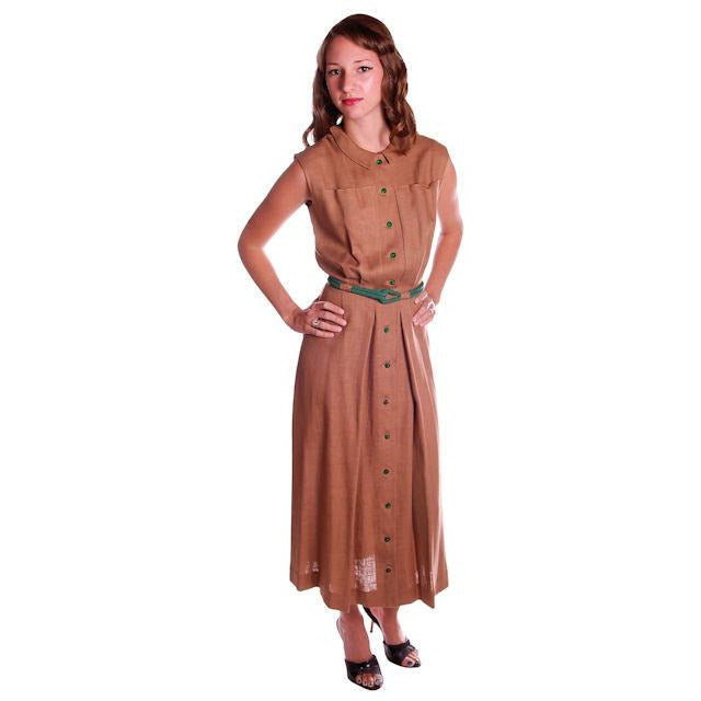 Vintage Mocha Linen Day Dress Green Buttons 1950 Sz 4 - The Best Vintage Clothing
 - 1