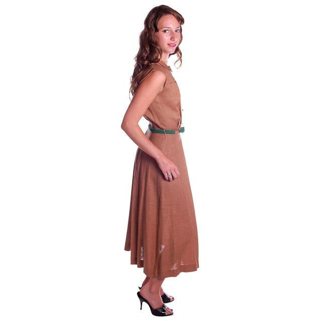 Vintage Mocha Linen Day Dress Green Buttons 1950 Sz 4 Cart2cart The Best Vintage Clothing