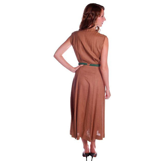 Vintage Mocha Linen Day Dress Green Buttons 1950 Sz 4 Cart2cart The Best Vintage Clothing