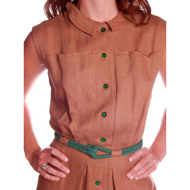 Vintage Mocha Linen Day Dress Green Buttons 1950 Sz 4 Cart2cart The Best Vintage Clothing