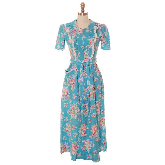 Vintage Krinkle Seersucker Robe/ Housedress Turquoise Floral 1940s Zip Up Women's,New Arrivals The Best Vintage Clothing