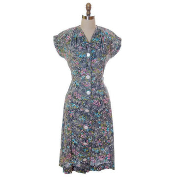 Vintage Housedress 1940s Gray/Lavender Floral Print - The Best Vintage Clothing
 - 1