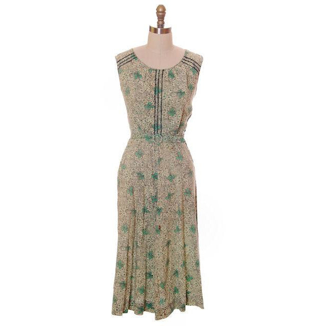 Vintage Maisonette Frock House Dress Green Print 1940s M Best For Costume Women's,On Sale Maisonette