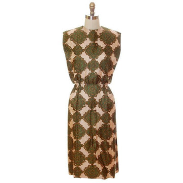 Vintage Silk Printed Dress 1960s Olive Green/Beige Pencil Skirt Small-Med - The Best Vintage Clothing
 - 1