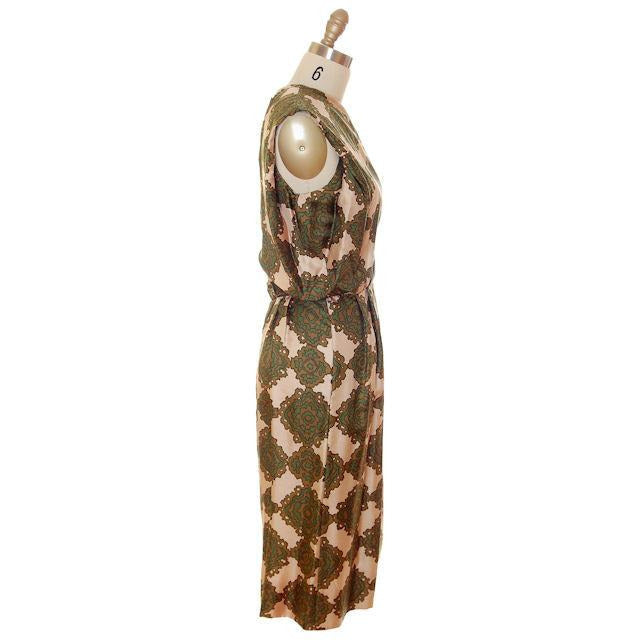 Vintage Silk Printed Dress 1960s Olive Green/Beige Pencil Skirt Small-Med Women's,New Arrivals The Best Vintage Clothing