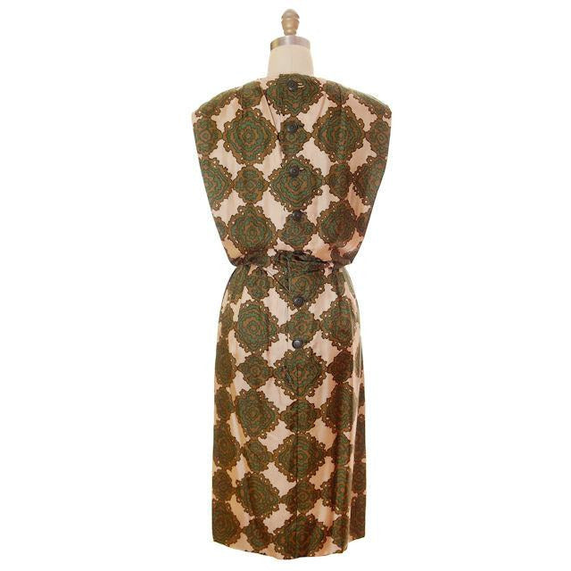 Vintage Silk Printed Dress 1960s Olive Green/Beige Pencil Skirt Small-Med Women's,New Arrivals The Best Vintage Clothing