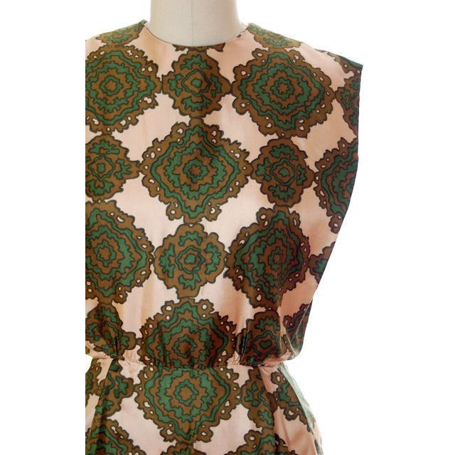 Vintage Silk Printed Dress 1960s Olive Green/Beige Pencil Skirt Small-Med Women's,New Arrivals The Best Vintage Clothing