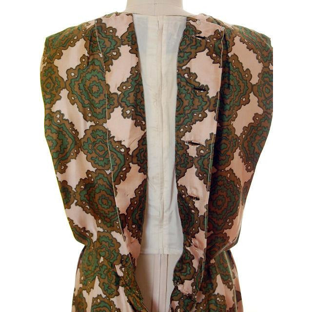 Vintage Silk Printed Dress 1960s Olive Green/Beige Pencil Skirt Small-Med Women's,New Arrivals The Best Vintage Clothing