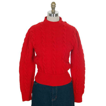 Vintage  Sweater Red Handknit Cable Knit Wool Great Buttons 1940s 36 Bust - The Best Vintage Clothing
 - 1