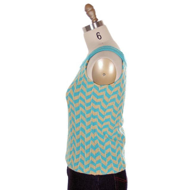 Vintage 60s Sleeveless Wool Sweater Tank Turquoise Yellow Mod Preppy XS/S On Sale,Women's The Best Vintage Clothing