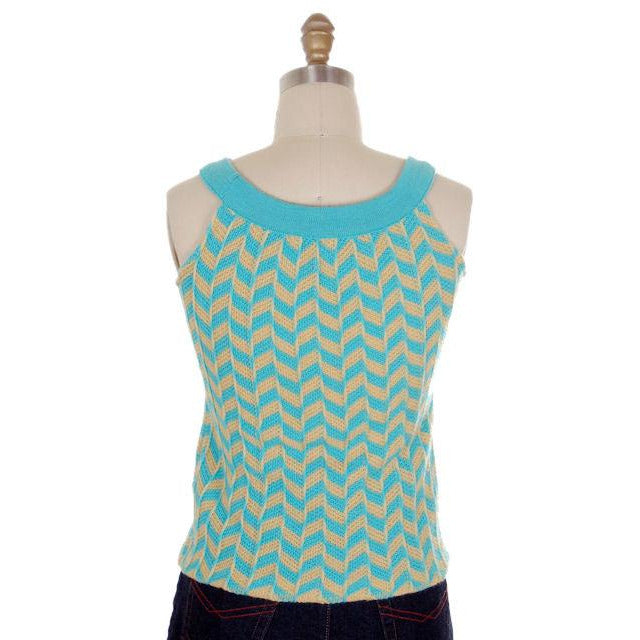 Vintage 60s Sleeveless Wool Sweater Tank Turquoise Yellow Mod Preppy XS/S On Sale,Women's The Best Vintage Clothing
