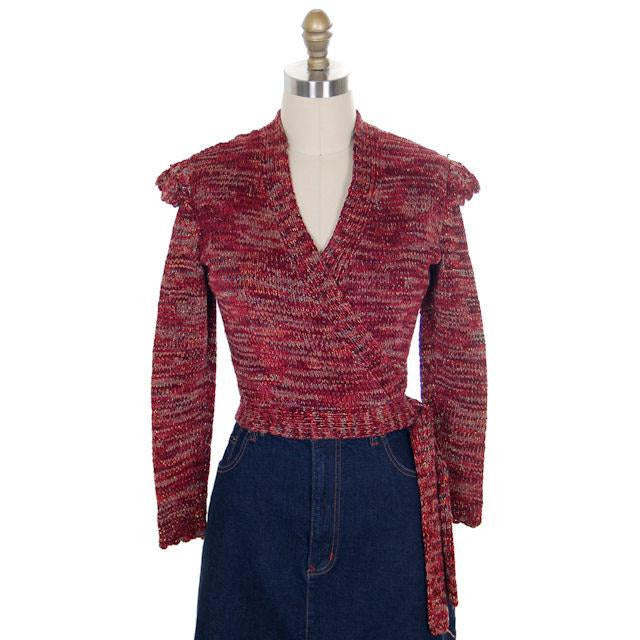 Vintage Wrap  Sweater Flavia Des Granges Fab Metallics Cranberry 1980s M - The Best Vintage Clothing
 - 1
