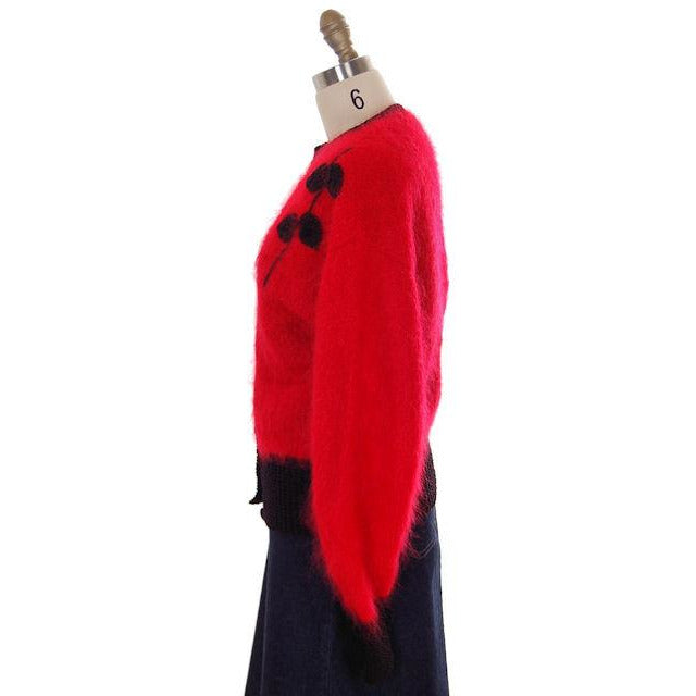Vintage Mohair Sweater Red Black Wide Waistband 1980s Extreme Sleeves M-L Women's vendor-unknown