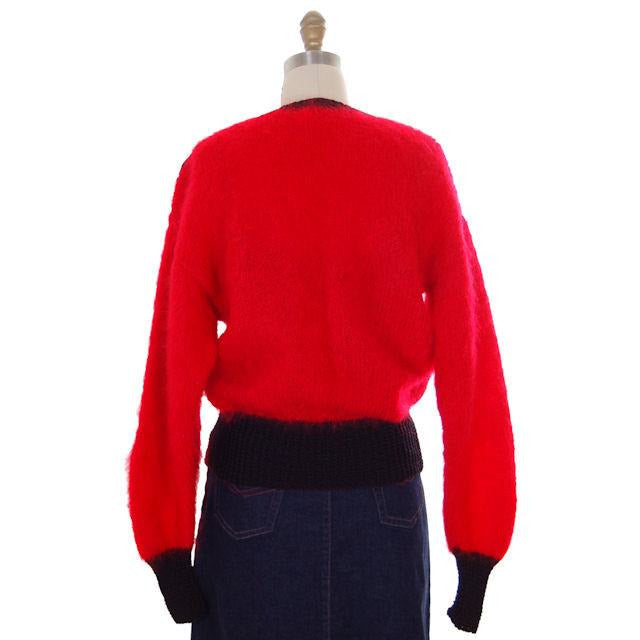 Vintage Mohair Sweater Red Black Wide Waistband 1980s Extreme Sleeves M-L Women's vendor-unknown