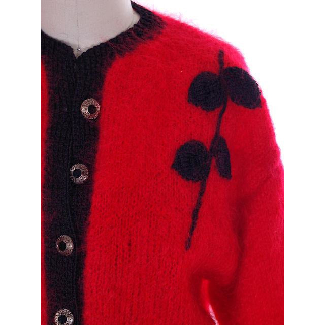 Vintage Mohair Sweater Red Black Wide Waistband 1980s Extreme Sleeves M-L Women's vendor-unknown