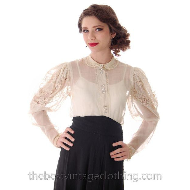 Vintage Blouse Amazing Leg O'Mutton Sleeves Rivoli Crystal Buttons 1940s Women's,New Arrivals The Best Vintage Clothing