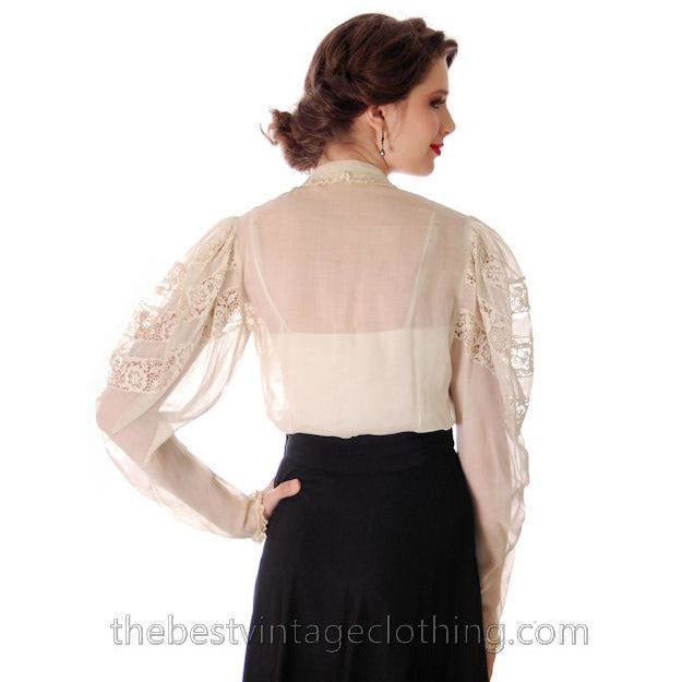 Vintage Blouse Amazing Leg O'Mutton Sleeves Rivoli Crystal Buttons 1940s Women's,New Arrivals The Best Vintage Clothing