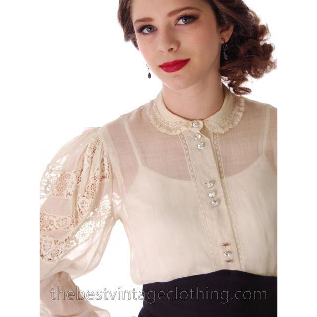 Vintage Blouse Amazing Leg O'Mutton Sleeves Rivoli Crystal Buttons 1940s Women's,New Arrivals The Best Vintage Clothing