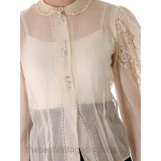 Vintage Blouse Amazing Leg O'Mutton Sleeves Rivoli Crystal Buttons 1940s Women's,New Arrivals The Best Vintage Clothing