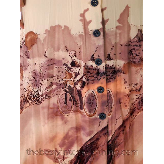 Vintage Landscape Bicycle Print Maxi Gown 1970s Small Women's,New Arrivals The Best Vintage Clothing
