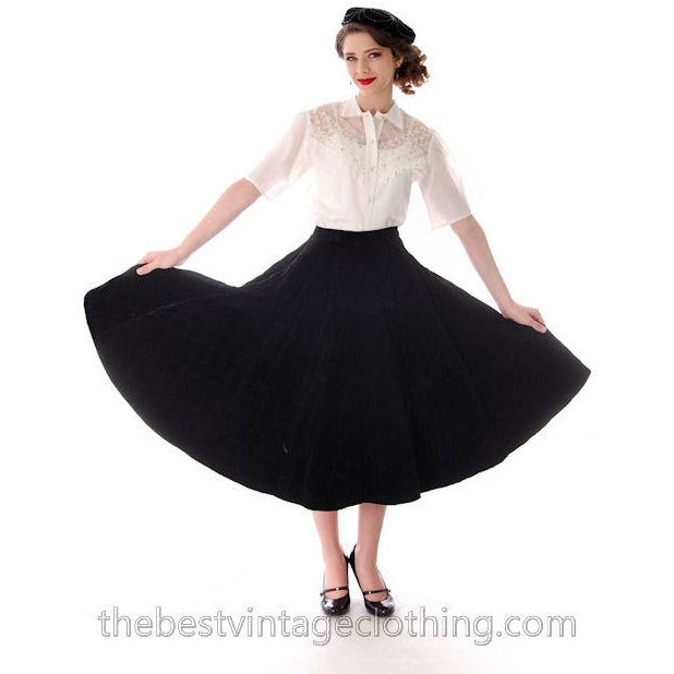 Vintage Circle Skirt Black Velvet Quilted 1950s Campus Casuals 28 Waist Women's,New Arrivals The Best Vintage Clothing