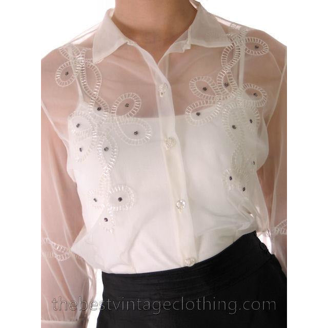 Vintage Sheer Nylon White Blouse Embellished Rhinestones M - The Best Vintage Clothing
 - 1