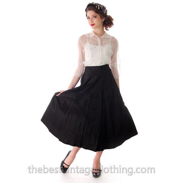 Vintage Black Taffeta Skirt Full Cool Zig Zag Soutache 1940s 27 Waist - The Best Vintage Clothing
 - 1