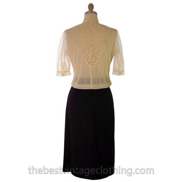 Vintage Buttercream Sheer Nylon Blouse Great Details Sheer Lace 1950s Med Women's,New Arrivals The Best Vintage Clothing