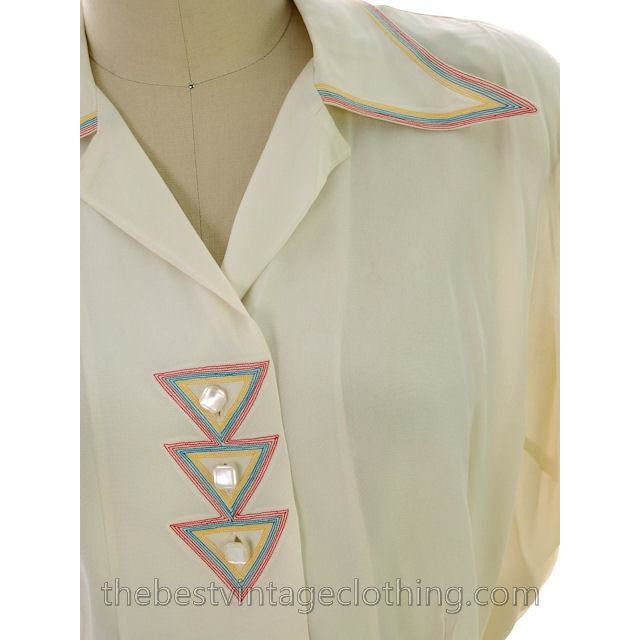 Vintage Rayon 1940s Blouse Ivory Art Deco Top Stitching M-L - The Best Vintage Clothing
 - 1